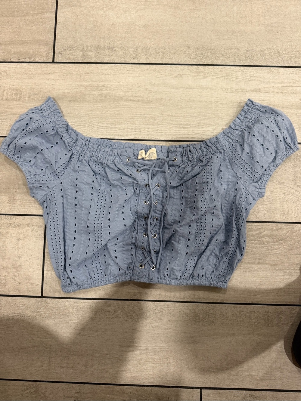 sparrow Light Blue Eyelet Lace-Up Off-Shoulder Crop Top